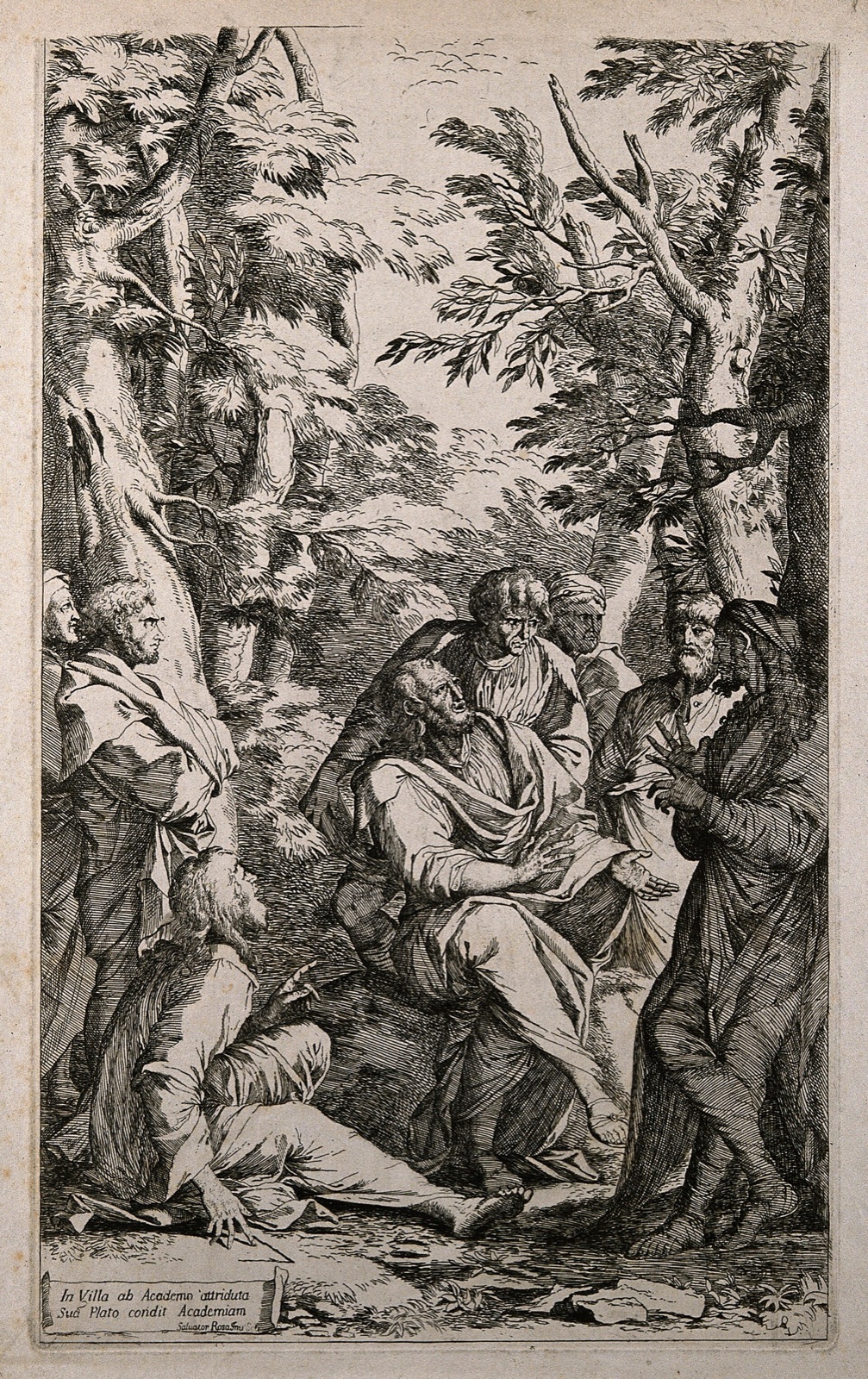 An etching of Plato teaching his students under the trees of the Academy.