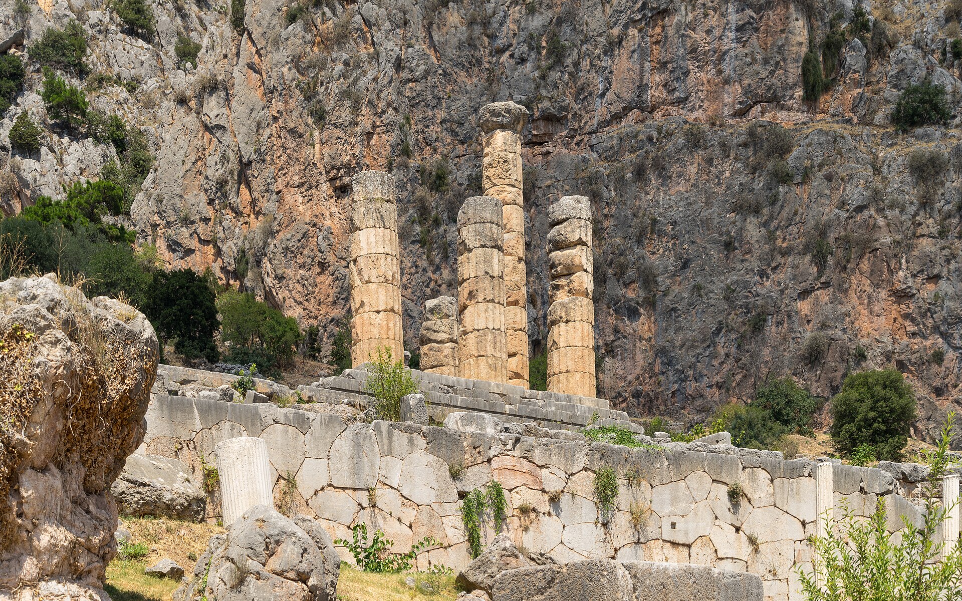 Columns of the Temple of Apollo at Delphi below the cliffs of Mount Parnassus.