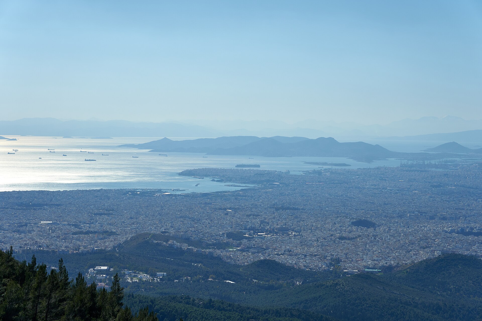 View over Attica and the Saronic Gulf from Mount Hymettus, east of Athens.